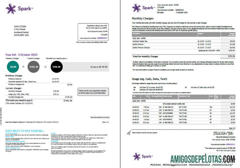 para download Modelo de fatura de serviços públicos Spark da Nova Zelândia em formatos Word e PDF, 2 páginas